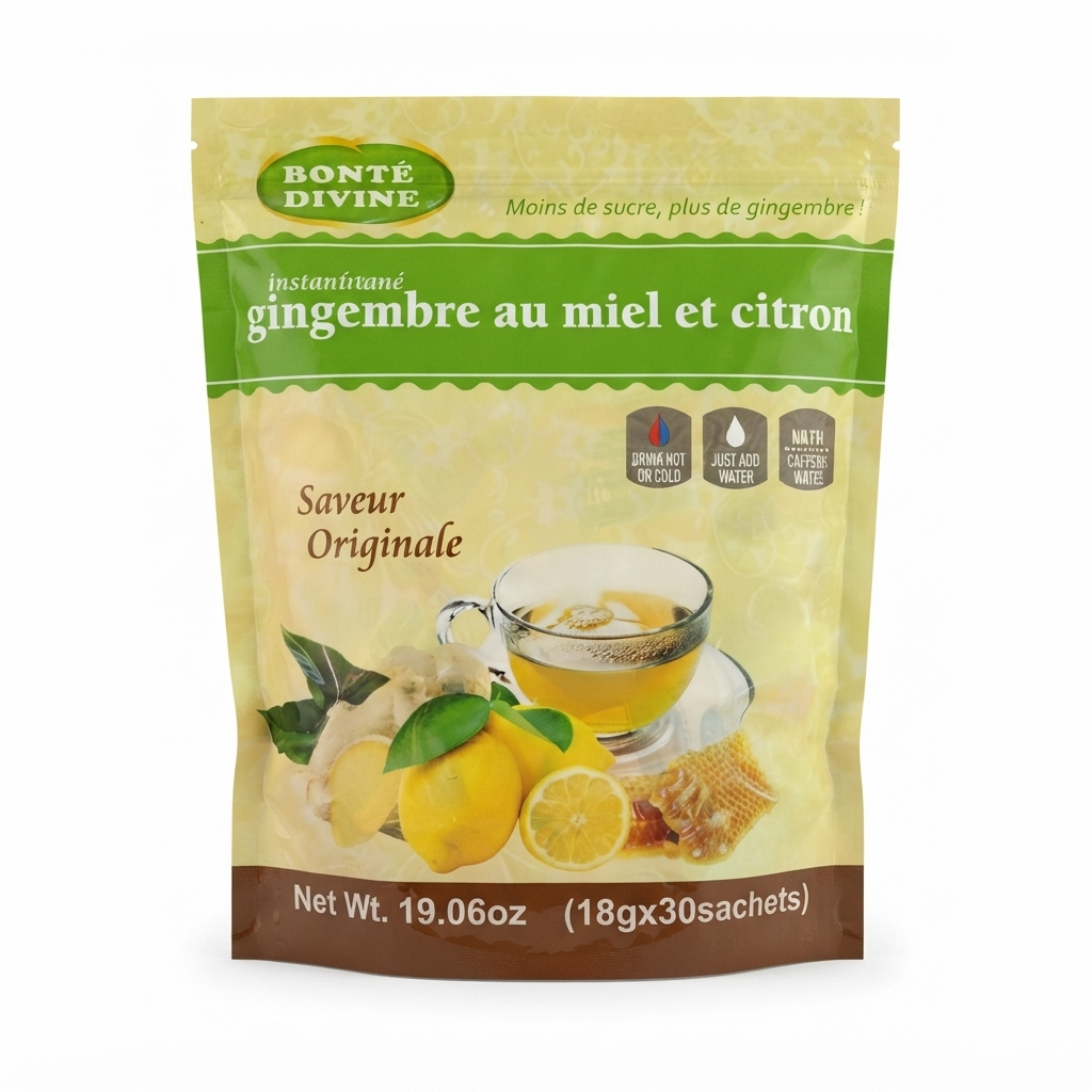 gingembre800 Infusion Instantanée Gingembre au Miel et Citron - Bonté Divine - 30 Sachets